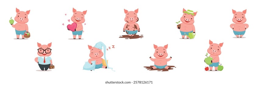 Little Pig Character Engaged in Different Activity Vector Set