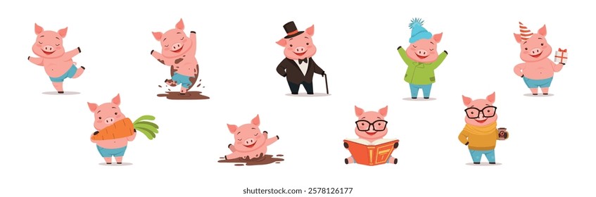 Little Pig Character Engaged in Different Activity Vector Set