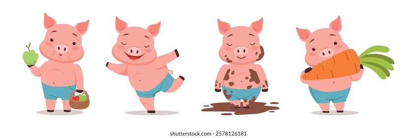 Little Pig Character Engaged in Different Activity Vector Set