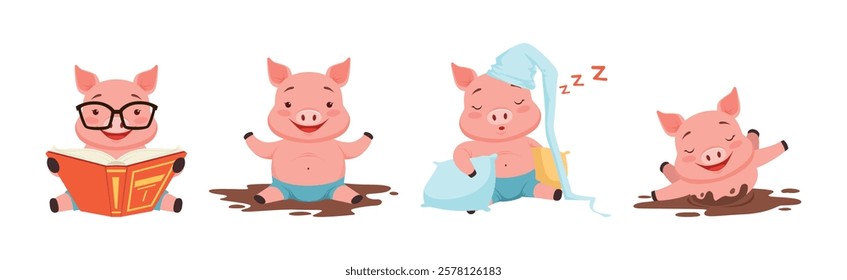 Little Pig Character Engaged in Different Activity Vector Set