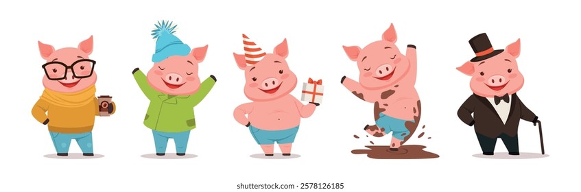 Little Pig Character Engaged in Different Activity Vector Set