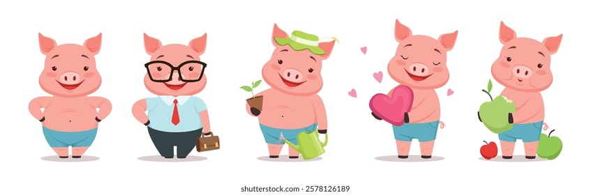 Little Pig Character Engaged in Different Activity Vector Set