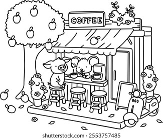 A little pig is chatting with a cute mouse who owns a coffee shop under an apple tree while sipping hot coffee on a relaxing day, coloring for kids, coloring book, coloring page, vector, illustration