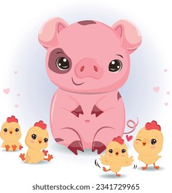 Little pig and Little Chickens are playing Vector