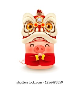 Little Pig with Chinese New Year Lion Dance Head. Isolated.