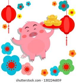 Little pig of Chinese New Year eve, The year of the pig.Flat cartoon concept