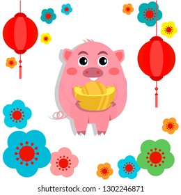 Little pig of Chinese New Year eve, The year of the pig.Flat cartoon concept