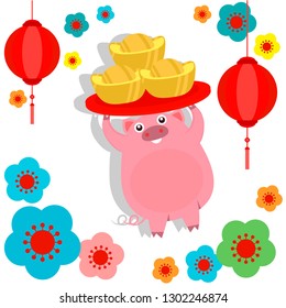 Little pig of Chinese New Year eve, The year of the pig.Flat cartoon concept