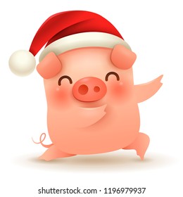 Little Pig with Christmas Santa’s Red Cap. Happy New Year.