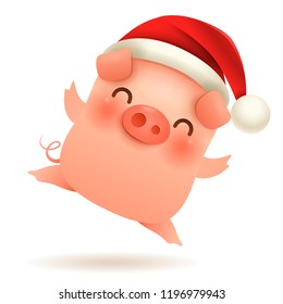 Little Pig with Christmas Santa’s Red Cap. Happy New Year.