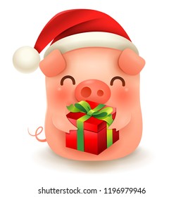 Little Pig with Christmas Santa’s Red Cap and Gift. Happy New Year.