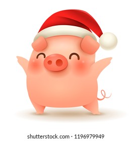 Little Pig with Christmas Santa’s Red Cap. Happy New Year.