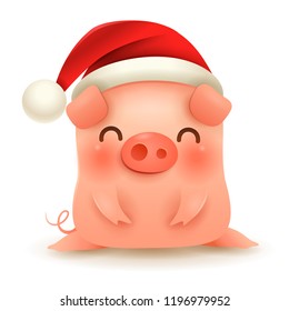 Little Pig with Christmas Santa’s Red Cap. Happy New Year.