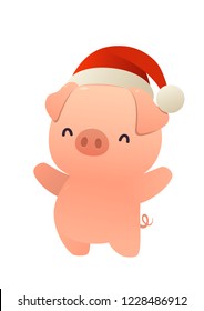 Little Pig with Christmas Santa Red Cap Happy New Year isolated