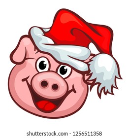 Little Pig with Christmas Santas Red Cap. Happy New Year.