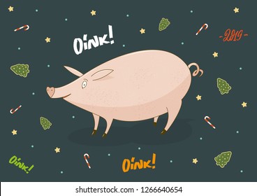 Little pig cute cartoon vector illustration with New Year and Christmas tree, candy, stars and Oink lettering sign on dark green background