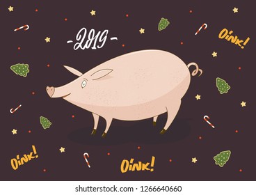 Little pig cute cartoon vector illustration with New Year and Christmas tree, candy, stars and Oink and 2019 lettering sign on dark red background