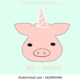 Little pig dreaming to be a unicorn, animal vectorial.