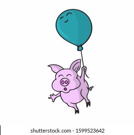 Little pig flying with balloon