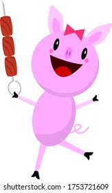 little pig girl laughing cartoon character with curled tail posing with fried meat in the hands of an object on a white background cafe and food concept