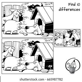 Little pig, goat, cat and dog sleeping in a doghouse. Find 10 differences. Educational game for children. Black and white cartoon vector illustration