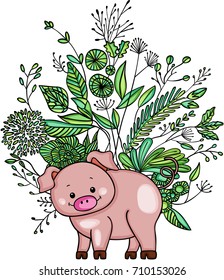 Little pig with green weeds
