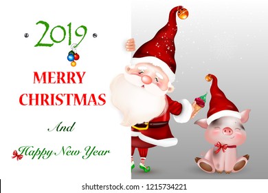 Little pig with a happy Santa Claus standing behind a blank sign showing a large sign.
Christmas card. Symbol of the Nativity of Christ. Merry Christmas.