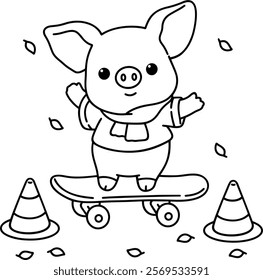 Little pig has fun playing skateboard, easy coloring for kids, vector, illustration, coloring book, coloring page