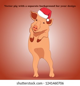 A little pig in a hat Santa Claus is standing and waving his hoof