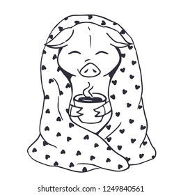 The little pig is heated by a blanket and a hot drink. Winter mood and comfort. Year of the pig. Vector illustration. Hand drawing.