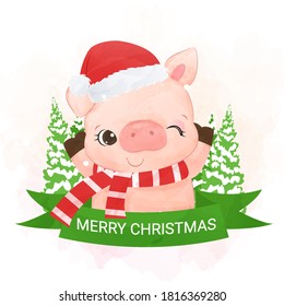 Little pig illustration for Christmas card greeting