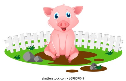 Little pig in muddy puddle illustration