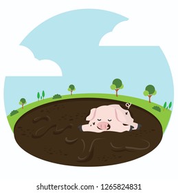 little pig playing in a mud puddle