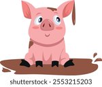 
Little Pig Playing in the mud Vector Cartoon Character. Cheerful piggy mascot having fun in mud puddle 
