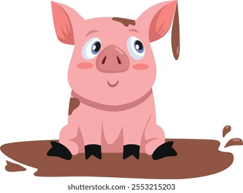 
Cerdito jugando en el Vector de barro Caricatura. Mascota cerdito alegre que se divierte en charco de barro 
