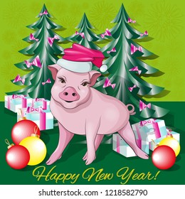A little pig in a red holiday hat smiles