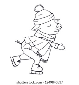 Little pig skates. Winter fun sport. Year of the pig. Vector illustration. Hand drawing.