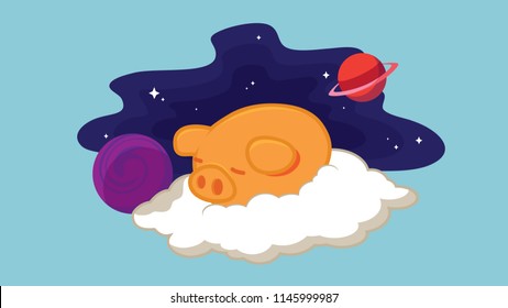 Little pig sleeping on the cloud