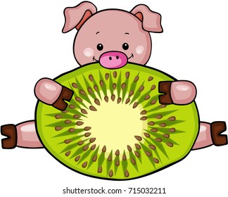 Little pig with slice of kiwi