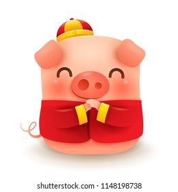 Little Pig with traditional Chinese costume greeting Gong Xi Gong Xi. Chinese New Year. The year of the pig. 