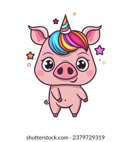 Little pig vector illustration. Unipig. Pig with a unicorn horn. Comic fairy tale character. Rainbow hair, bangs. Cute kind pig, funny look.Flying stars. Sticker or logo illustration.