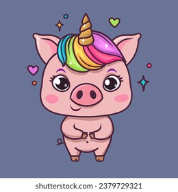 Little pig vector illustration. Unipig. Pig with a unicorn horn. Comic fairy tale character. Rainbow hair, bangs. Cute kind pig, funny look.Flying stars. Sticker or logo illustration.