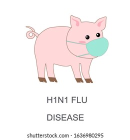 A little pig is wearing a protective mask isolated on white background. There’s a word H1N1 FLU DISEASE below. Concept about sickness, farm, prevent, avoiding medical and etc.