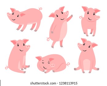 Little piggy character. Cartoon funny pink pig boy isolated on white background, cute piglet for christmas vector illustration