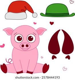 Pequeno personagem porquinho com chapéu de Papai Noel, chapéu, jogo de passos. Vetor de linha gráfica Cartoon engraçado menino porco rosa isolado no fundo branco, ilustração leitão bonito
