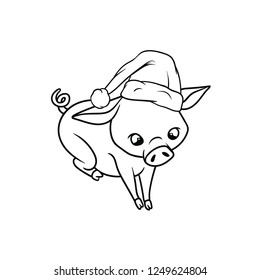 Little piggy sitting, while wearing a Santas hat, outline