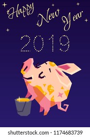 Little piggy throws stars and wishes a Happy New year. Vertical background. Vector flat illustration