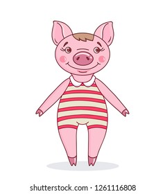 A little piglet in a cartoon style dressed in striped leotard. Hand drawn style vector design illustrations.  Cut pigs out of paper, crafts for children