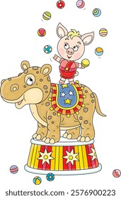 Little piglet juggling with small balls on a funny hippopotamus in an amusing acrobatic circus performance, vector cartoon illustration on a white background