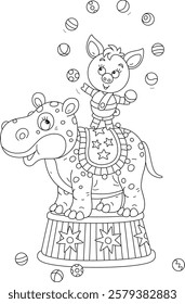 Little piglet juggling with small balls on a funny hippopotamus in an amusing acrobatic circus performance, black and white vector cartoon illustration for a coloring book